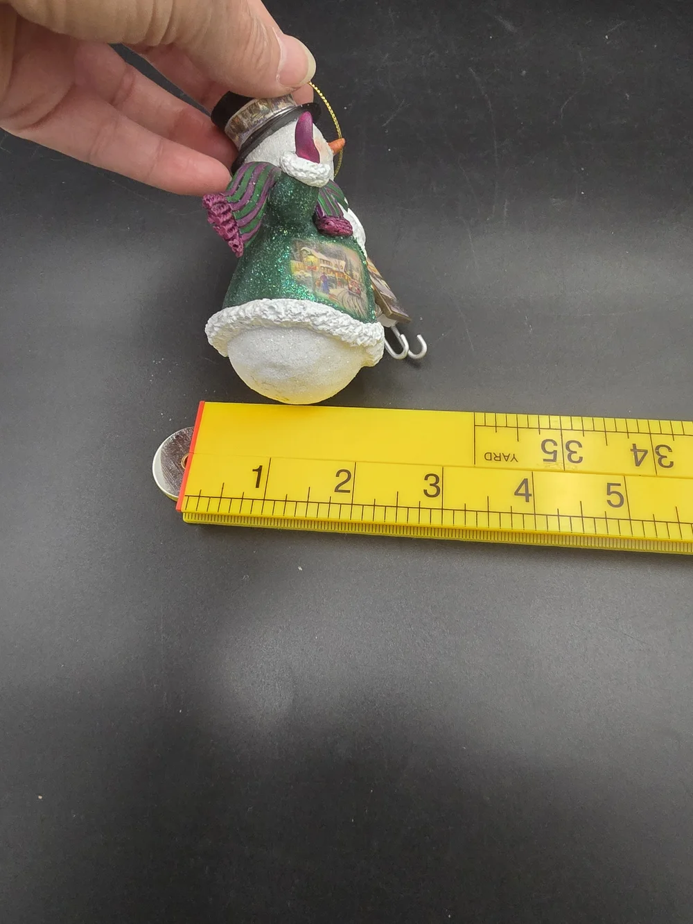 Thomas Kinkade Green and White Snowman Ornament with Purple Accents